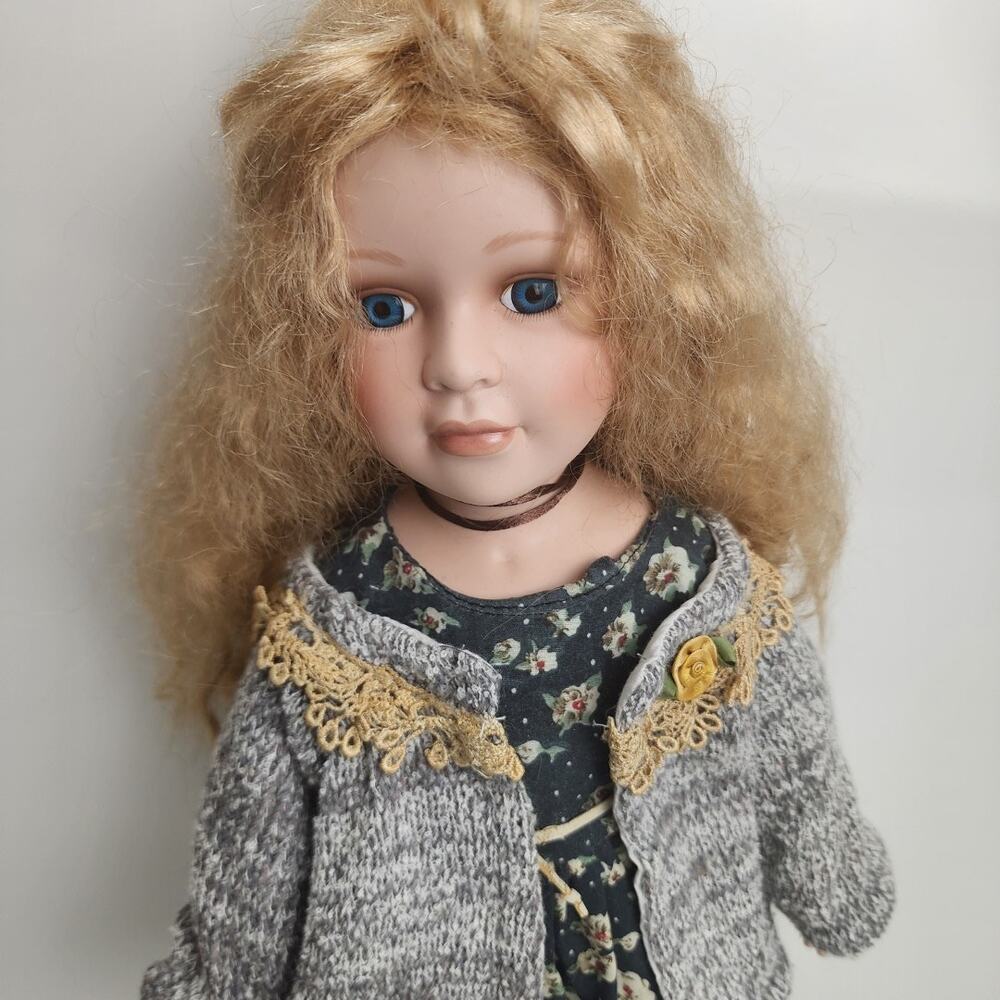 Duck House Heirloom Blonde Crimped Hair Blue Eyed 19" Girl Porcelain Doll